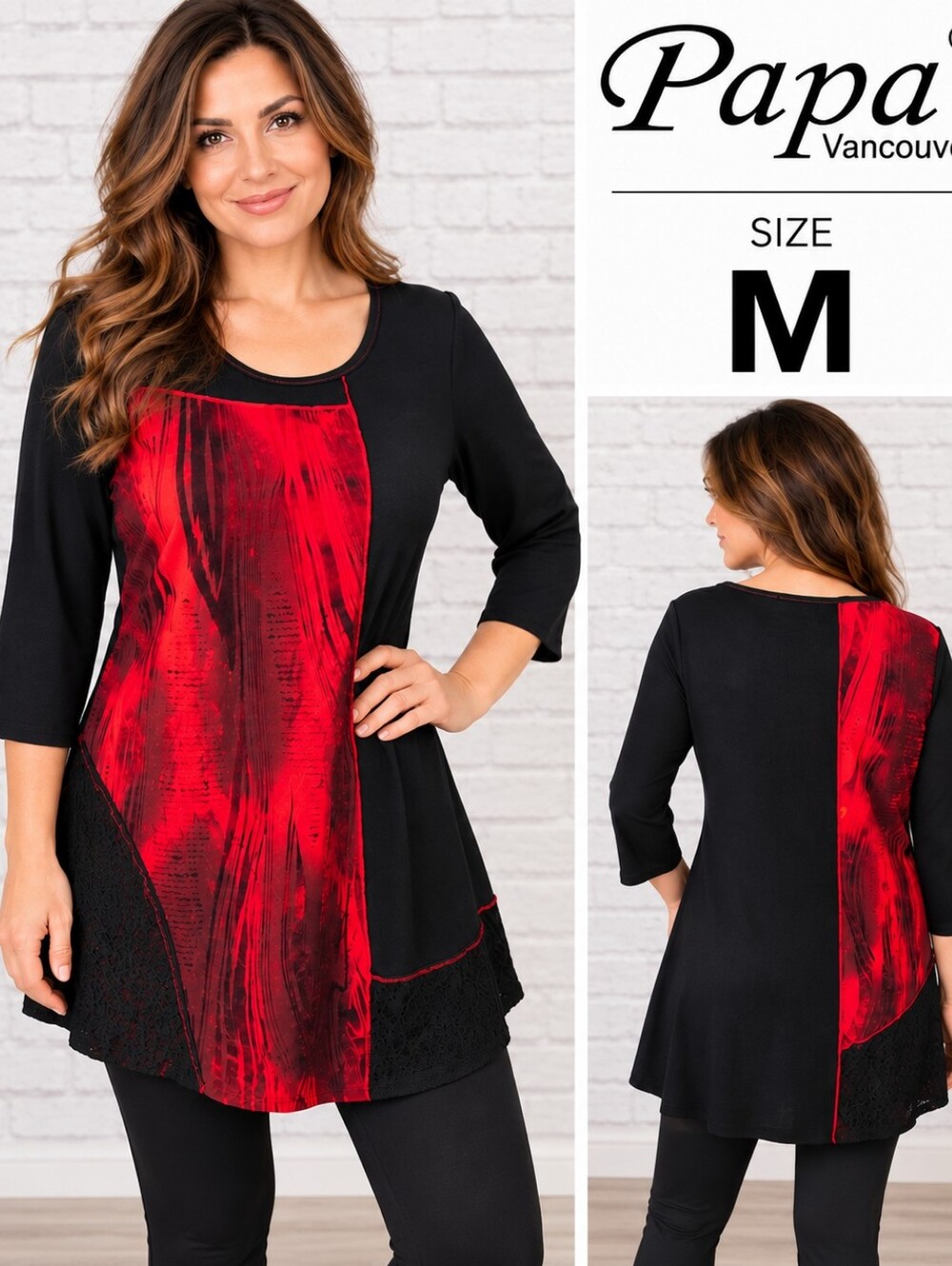 Papa Vancouver Size M Black Red Abstract Tunic Top | 3/4 Sleeve | Boho